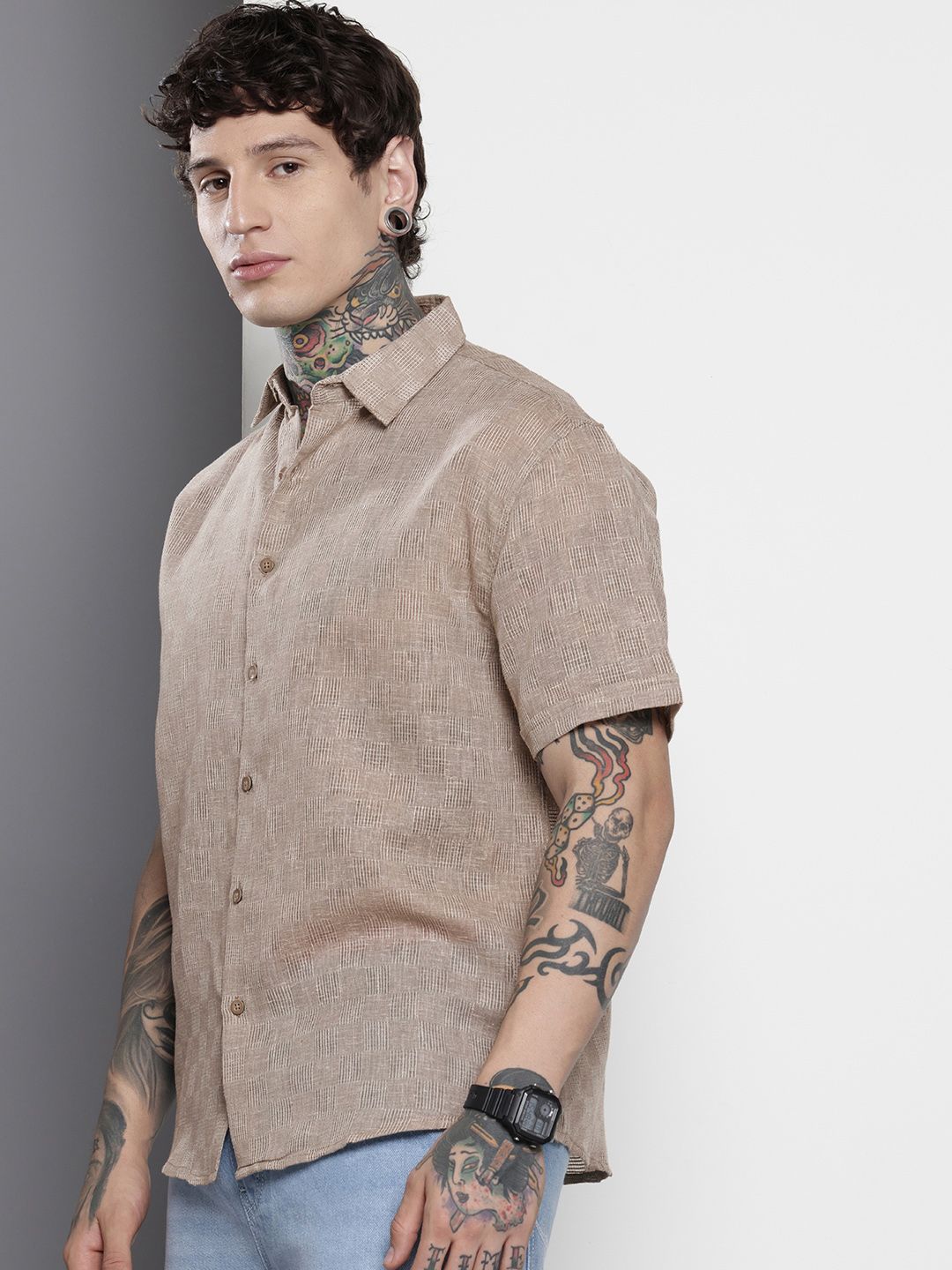 Men's Brown Relaxed Fit Textured Resort Wear Shirt