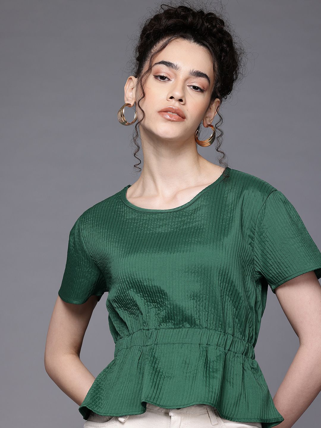 Freehand by The Indian Garage Co Women Fit and Flare Textured Cinched Waist Top
