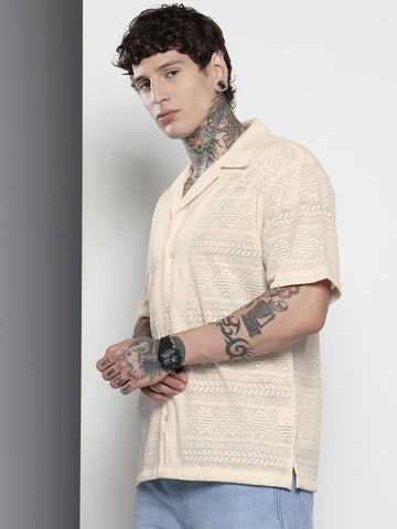 Men's Cream Relaxed Fit Textured Textured Shirt