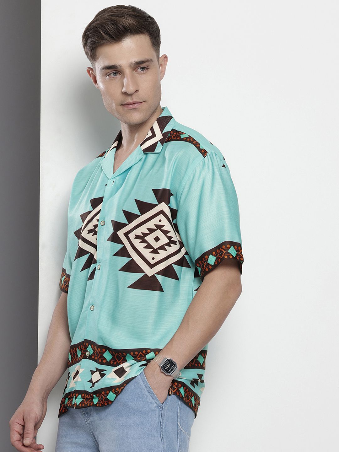 Men's Blue Relaxed Fit Printed Resort Wear Shirt