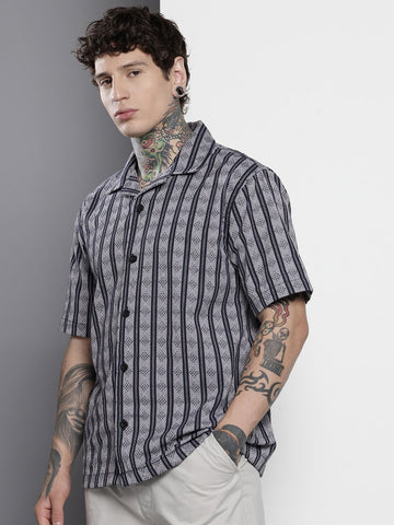 Men's Blue Relaxed Fit Striped Resort Wear Shirt