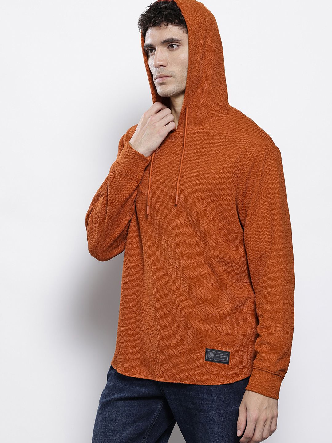 Men's Rust Regular Fit Textured Hooded T-Shirt