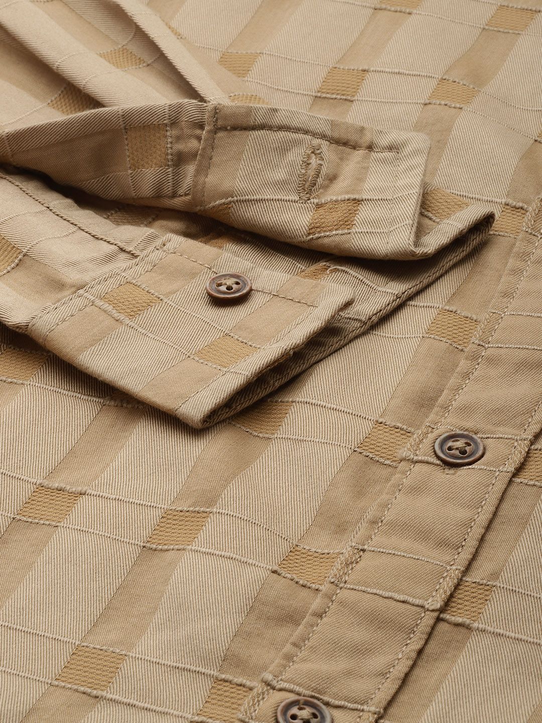 Men's Khaki Slim Fit Checked Casual Shirt