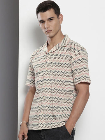 Men's Beige Relaxed Fit Printed Resort Wear Shirt