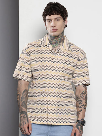 Men's Beige Relaxed Fit Printed Resort Wear Shirt