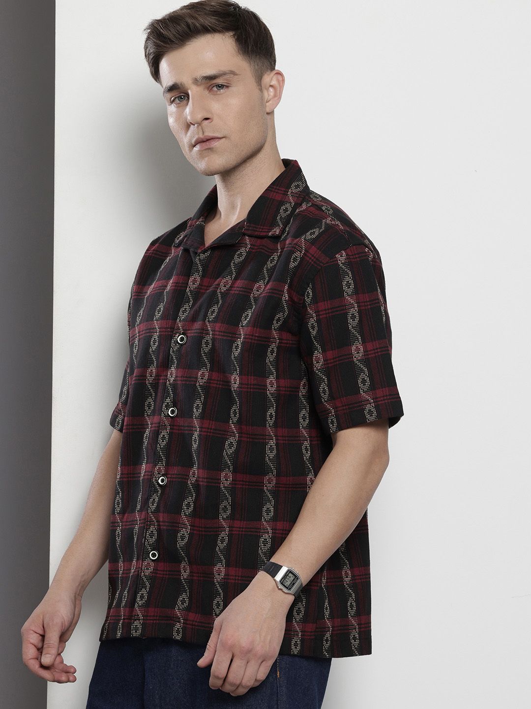 Men's Black Relaxed Fit Striped Resort Wear Shirt