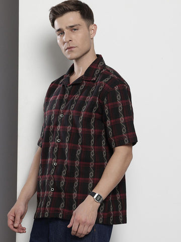 Men's Black Relaxed Fit Striped Resort Wear Shirt