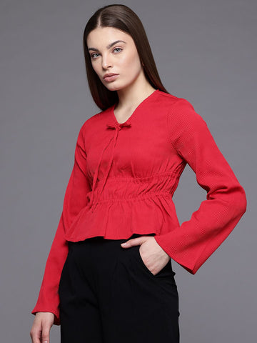 Freehand by The Indian Garage Co Women Regular Fit Textured Cinched Waist Top
