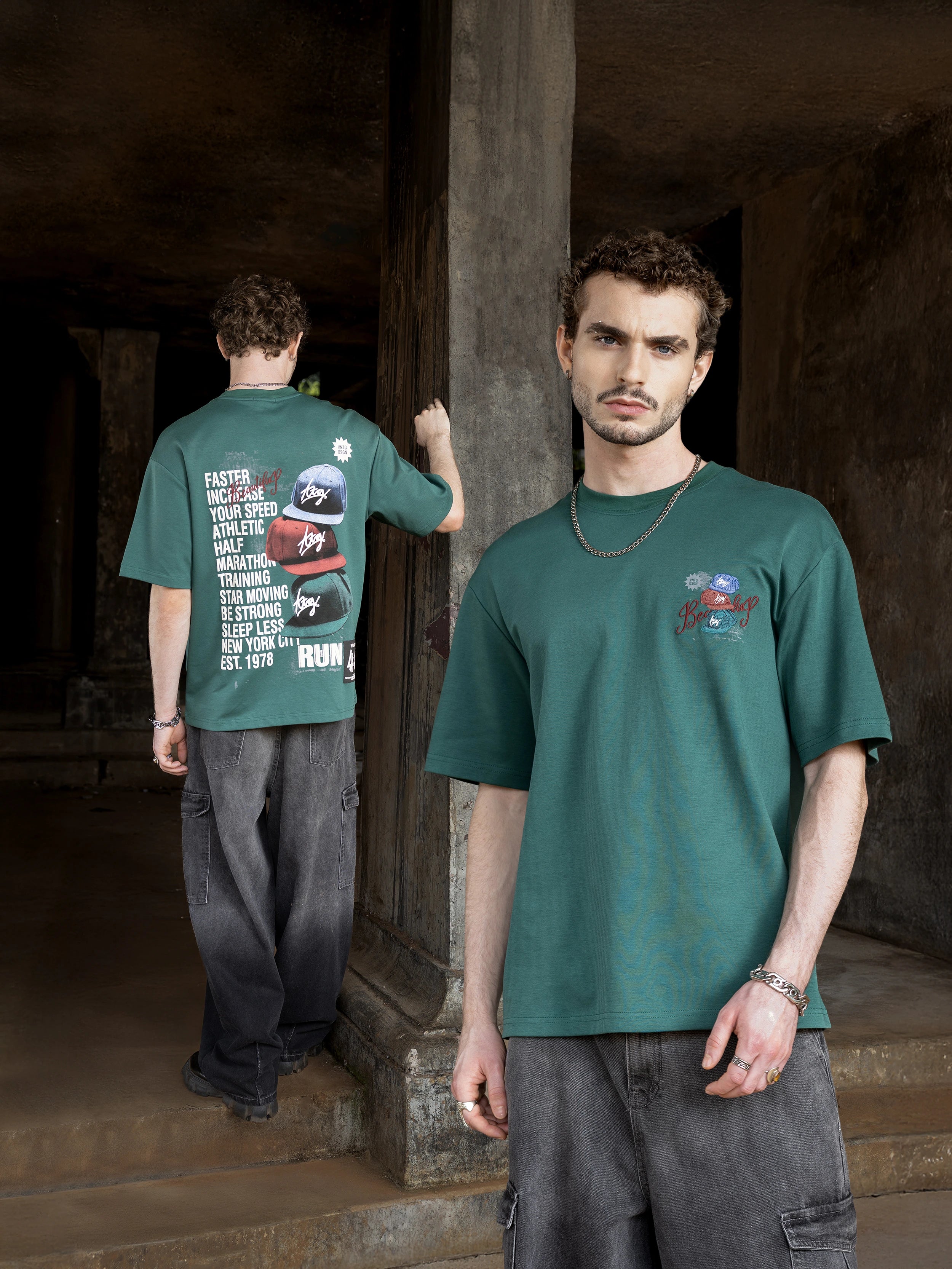 Men's Green Relaxed Fit Embroided 240 GSM Street Wear T-Shirt
