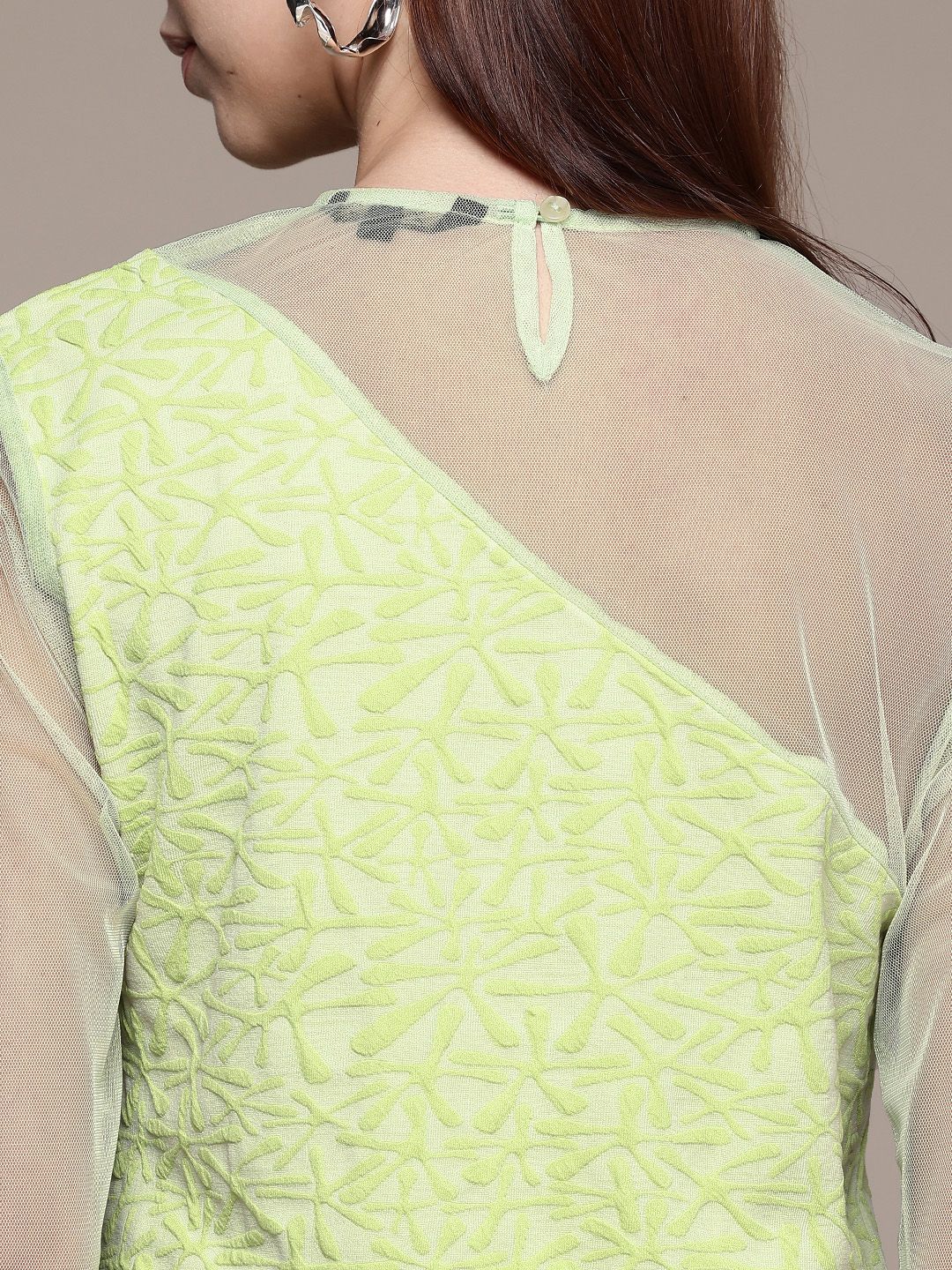 Freehand by The Indian Garage Co Women Fitted Textured Mesh Sheer Top