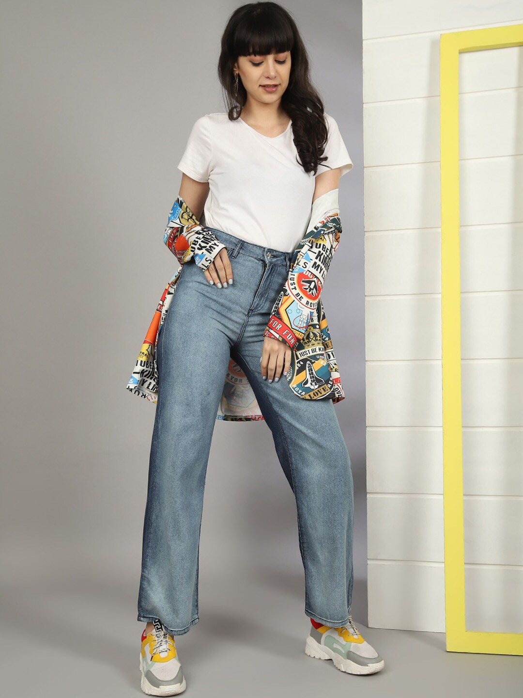 Shop Women 2 Tone Denim Wide Leg Jeans Online.