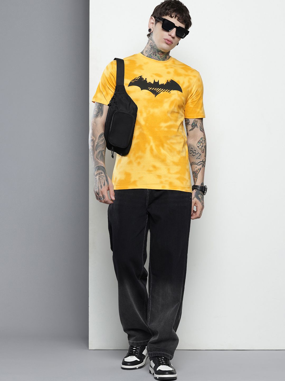 Men's Yellow Slim Fit Character Batman Printed Crew Neck T-Shirt