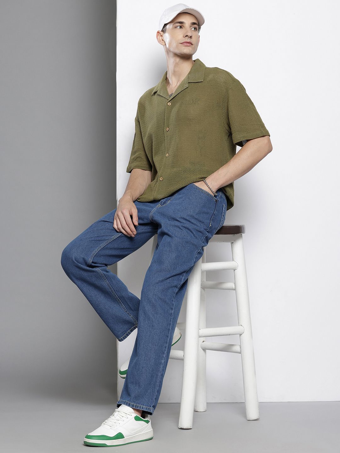 Men's Olive Relaxed Fit Textured Resort Wear Shirt