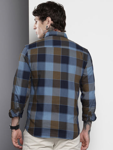 Men's Navy Blue Slim Fit Checked Casual Shirt
