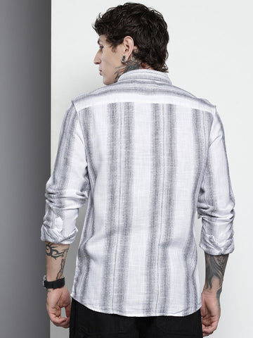 Men's White Slim Fit Striped Casual Shirt