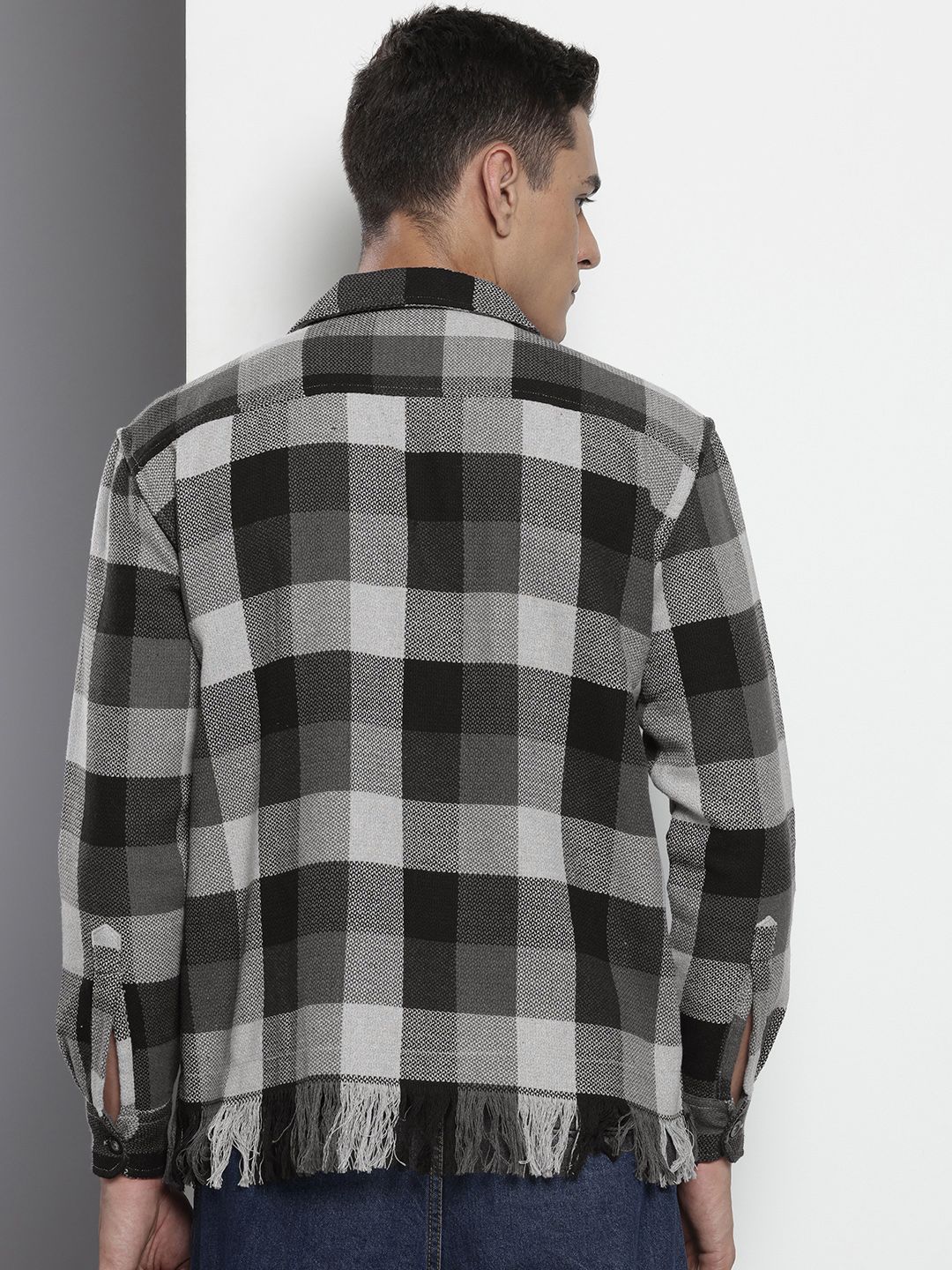 Men's Grey Relaxed Fit Checked Bohemian Shirt