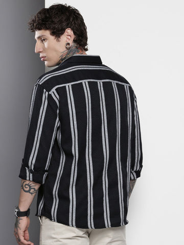 Men's Black Relaxed Fit Striped Resort Wear Shirt