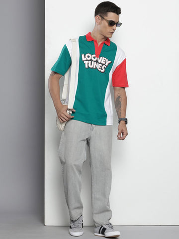 Men's Green Boxy Fit Character Bugs Bunny Printed Polo Collar T-Shirt