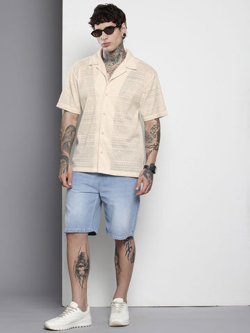Men's Cream Relaxed Fit Textured Textured Shirt