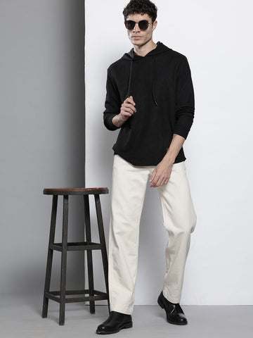 Men's Black Regular Fit Textured Hooded T-Shirt