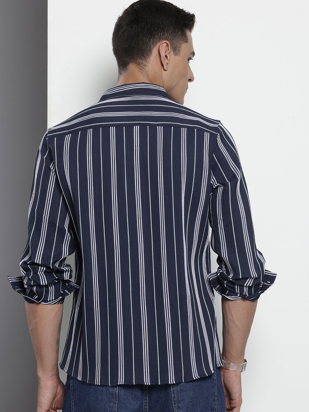 Men's Navy Blue Regular Fit Striped Textured Shirt