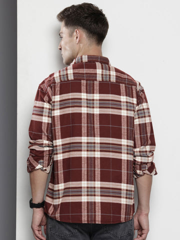 Men's Maroon Regular Fit Checked Casual Shirt