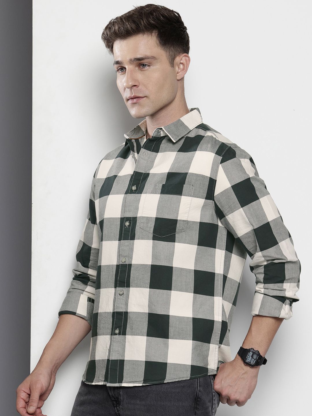 Men's Green Slim Fit Checked Casual Shirt