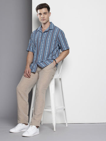 Men's Blue Relaxed Fit Striped Resort Wear Shirt