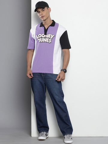 Men's Purple Boxy Fit Character Bugs Bunny Printed Polo Collar T-Shirt