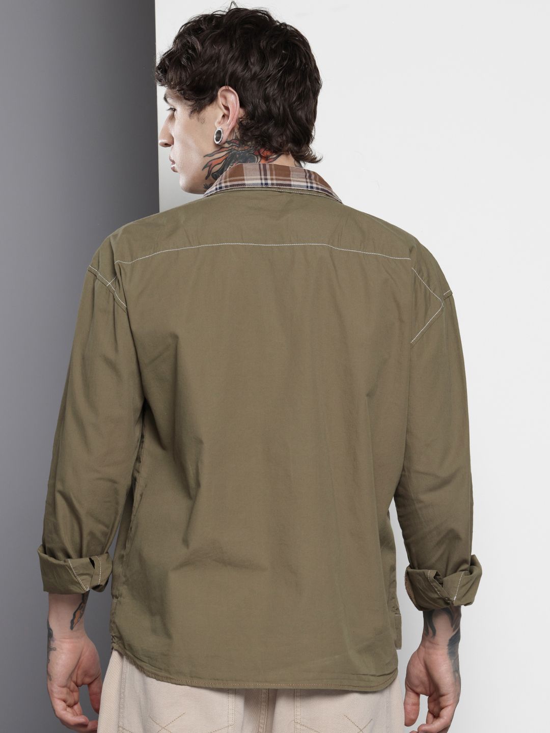 Men's Olive Boxy Fit Solid Korean Street Shirt
