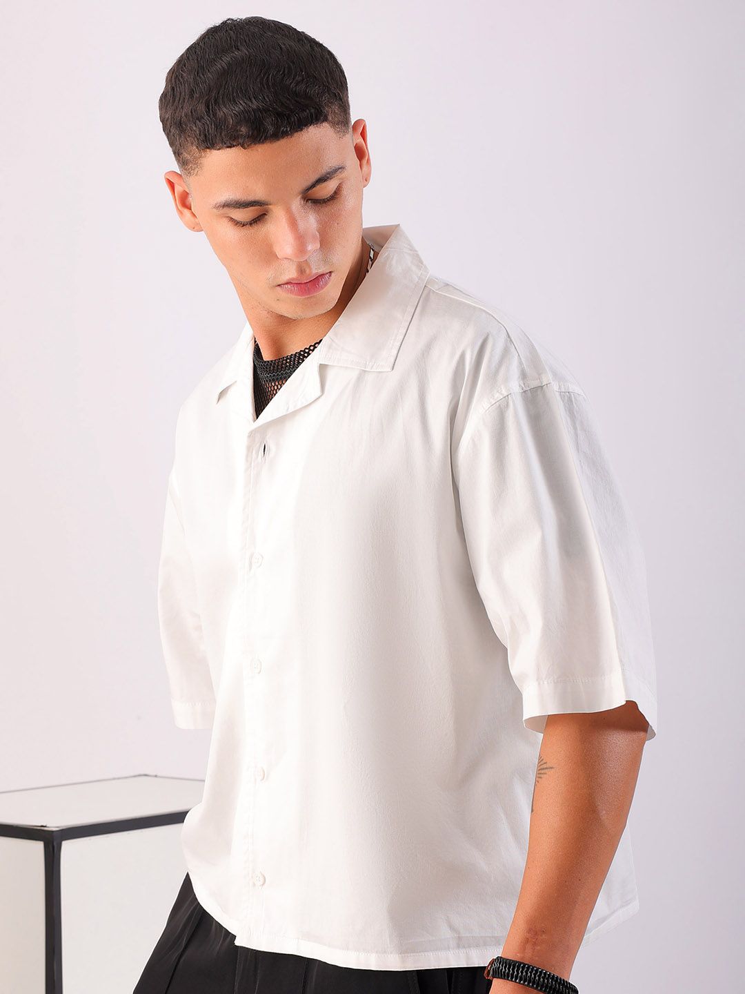 Men's Half Sleeves Boxy Fit White Shirt