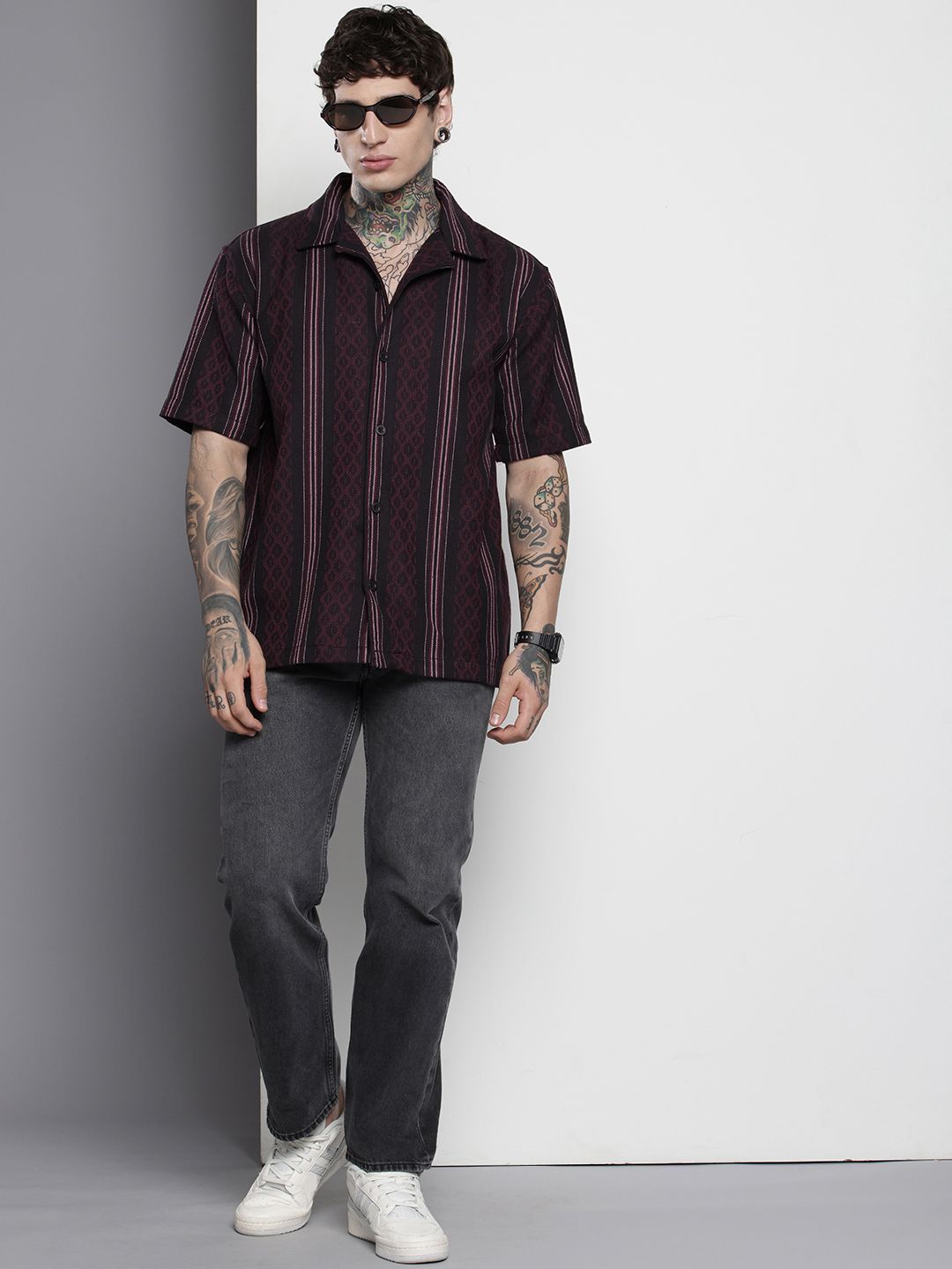Men's Black Relaxed Fit Striped Resort Wear Shirt