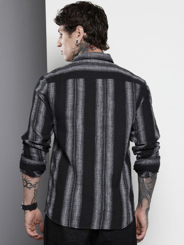 Men's Black Slim Fit Striped Casual Shirt