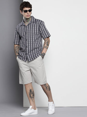 Men's Blue Relaxed Fit Striped Resort Wear Shirt