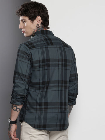 Men's Teal Slim Fit Checked Casual Shirt