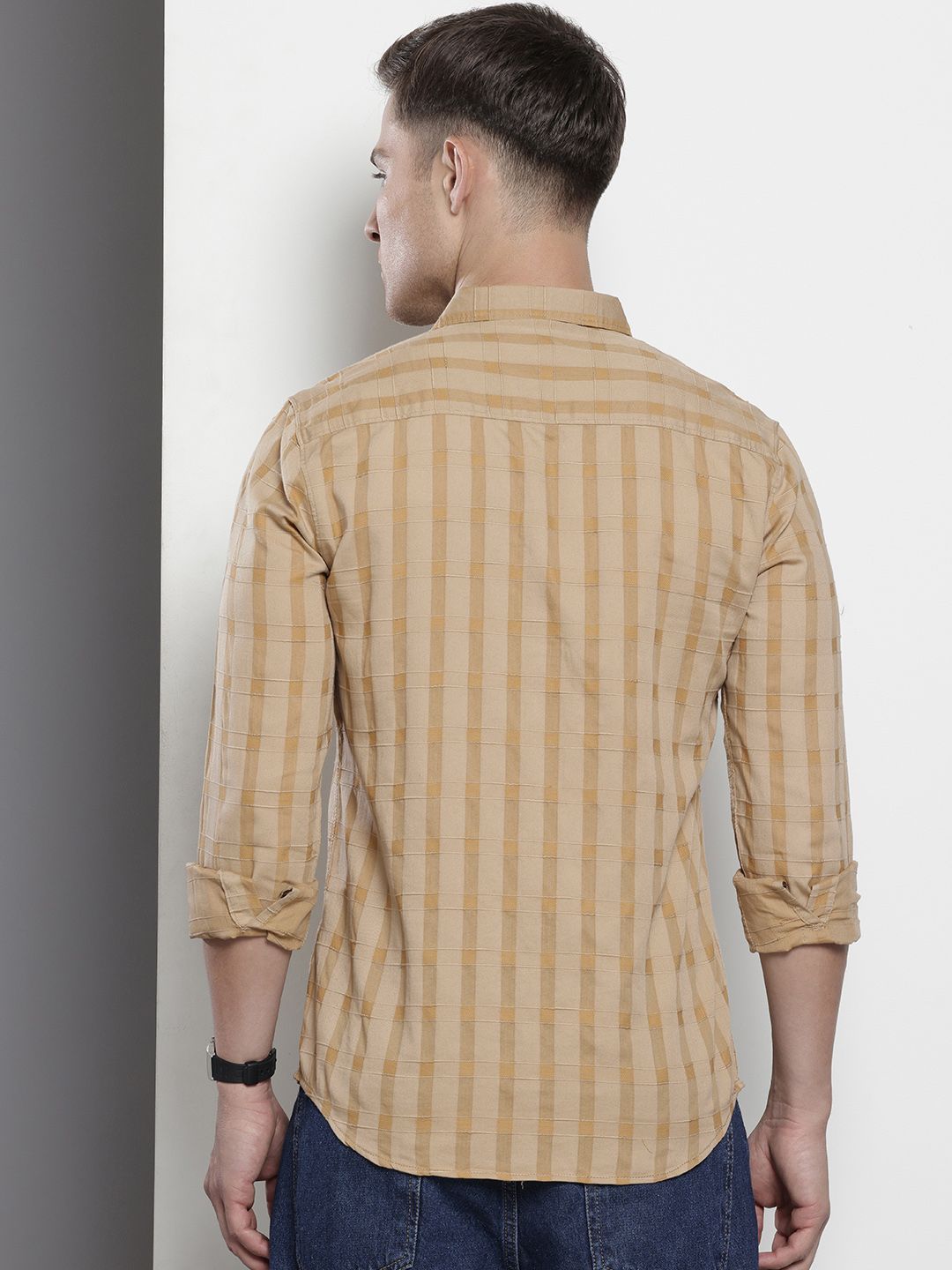 Men's Khaki Slim Fit Checked Casual Shirt