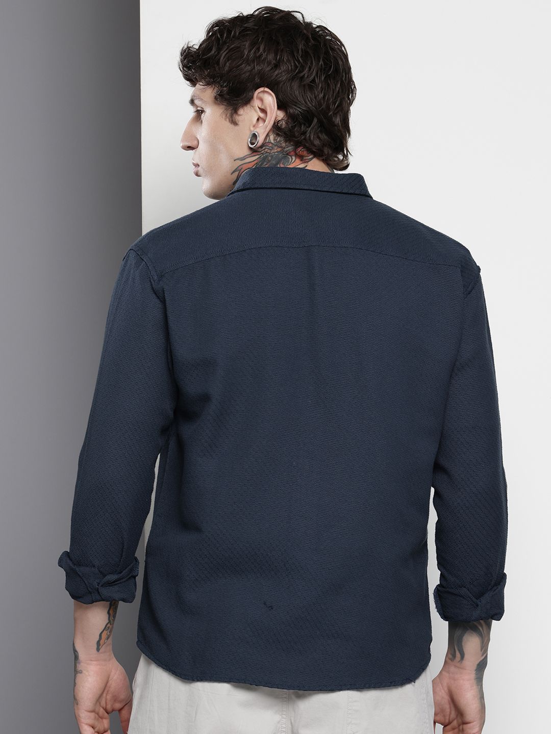 Men's Blue Relaxed Fit Solid Resort Wear Shirt