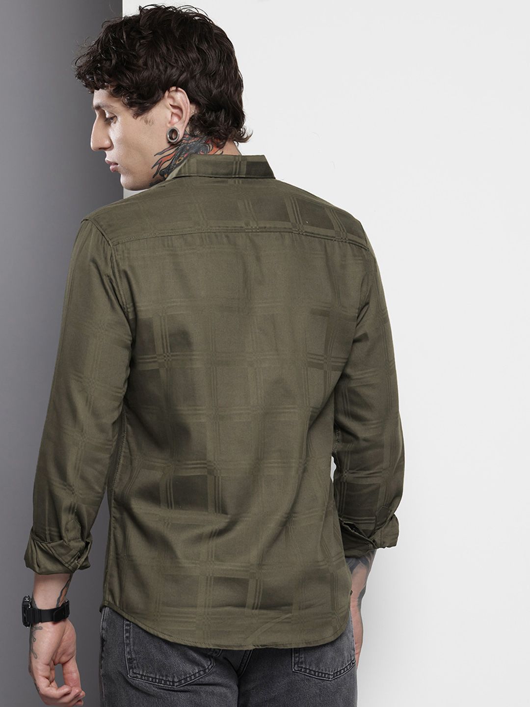 Men's Olive Slim Fit Textured Party Wear Shirt
