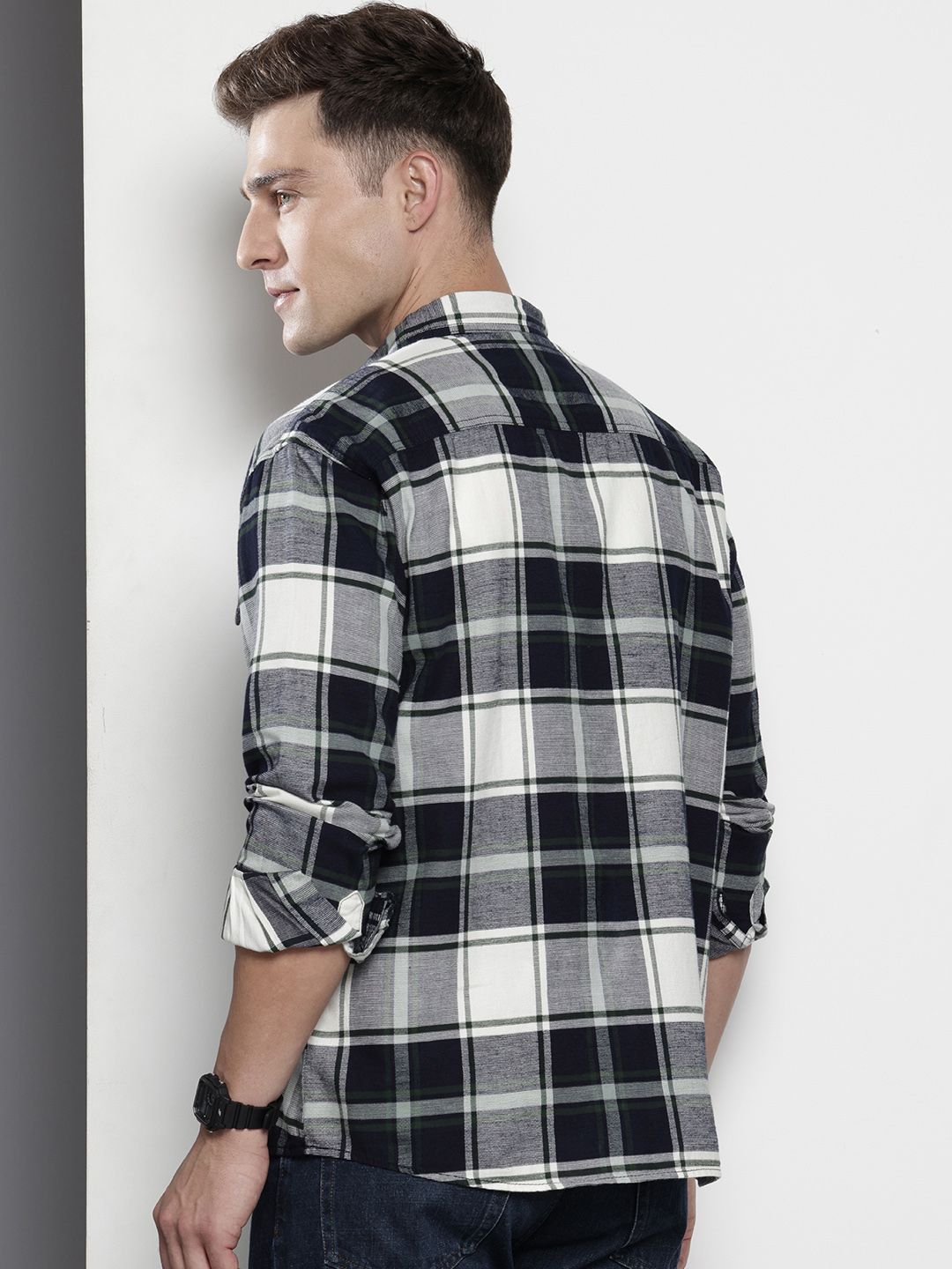 Men's Navy Blue Regular Fit Checked Casual Overshirt