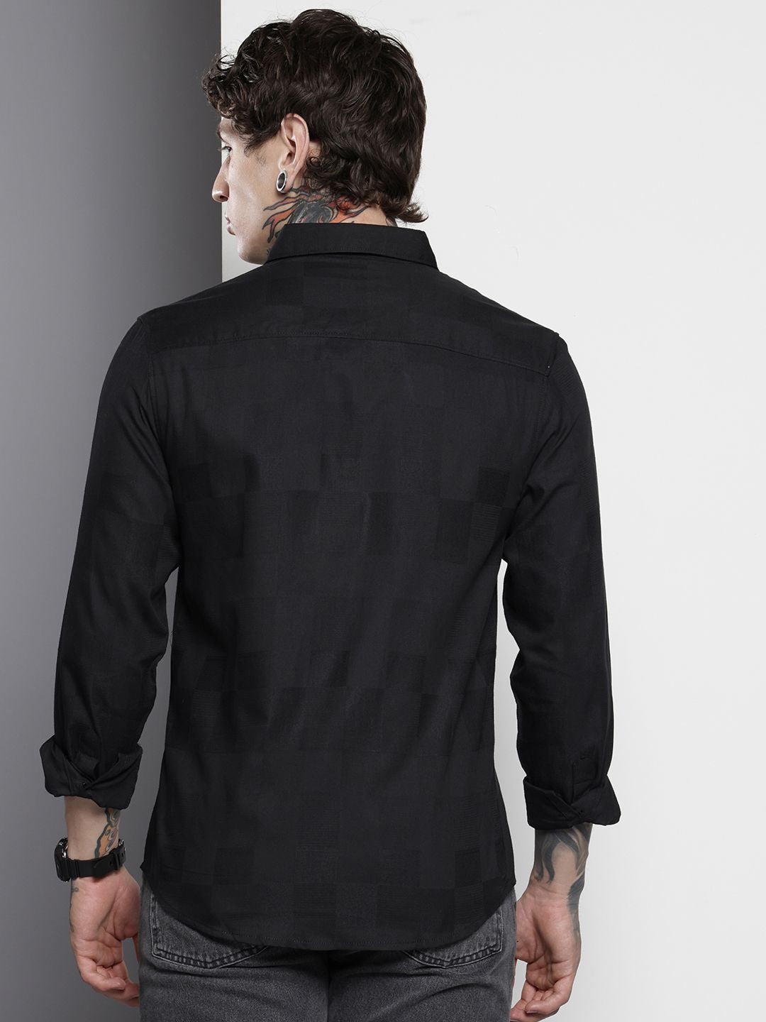 Men's Black Slim Fit Textured Party Wear Shirt