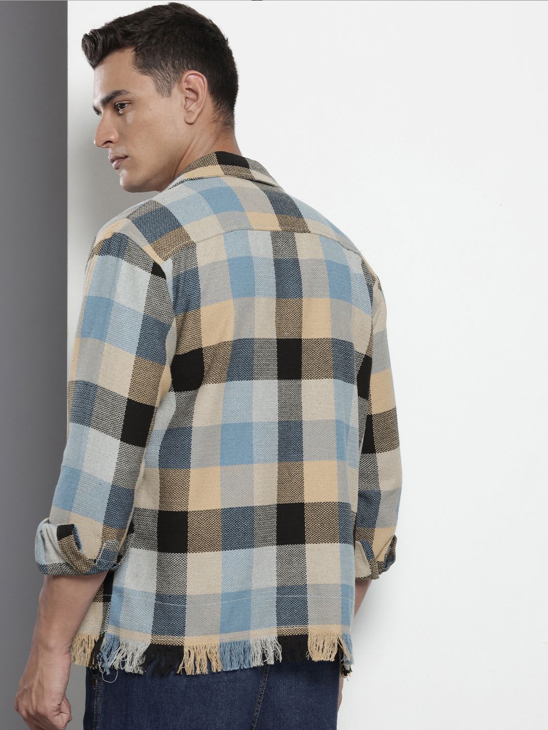 Men's Khaki Relaxed Fit Checked Bohemian Shirt