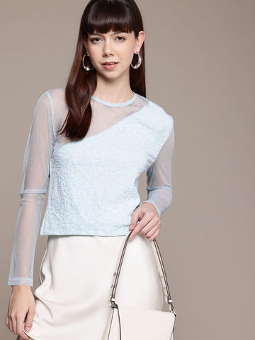 Freehand by The Indian Garage Co Women Fitted Textured Mesh Sheer Top