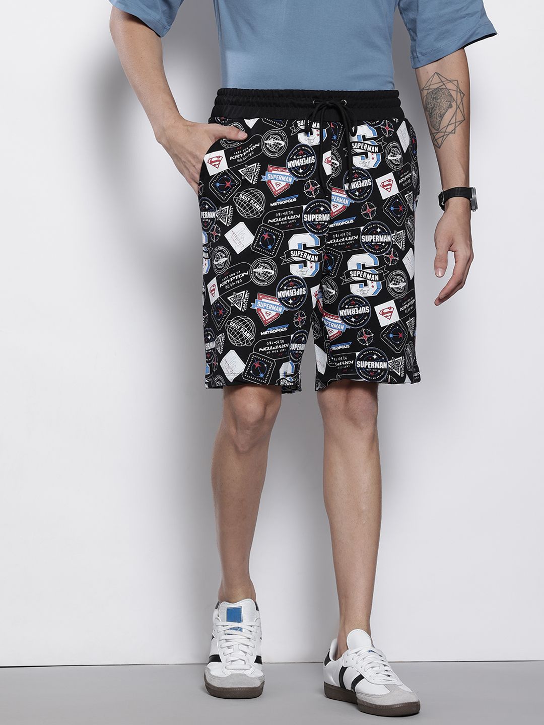 Men's Black Relaxed Fit Character Superman Printed Shorts