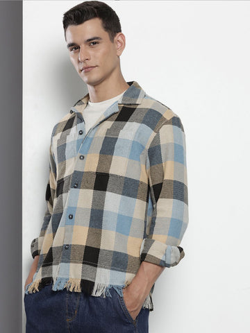Men's Khaki Relaxed Fit Checked Bohemian Shirt