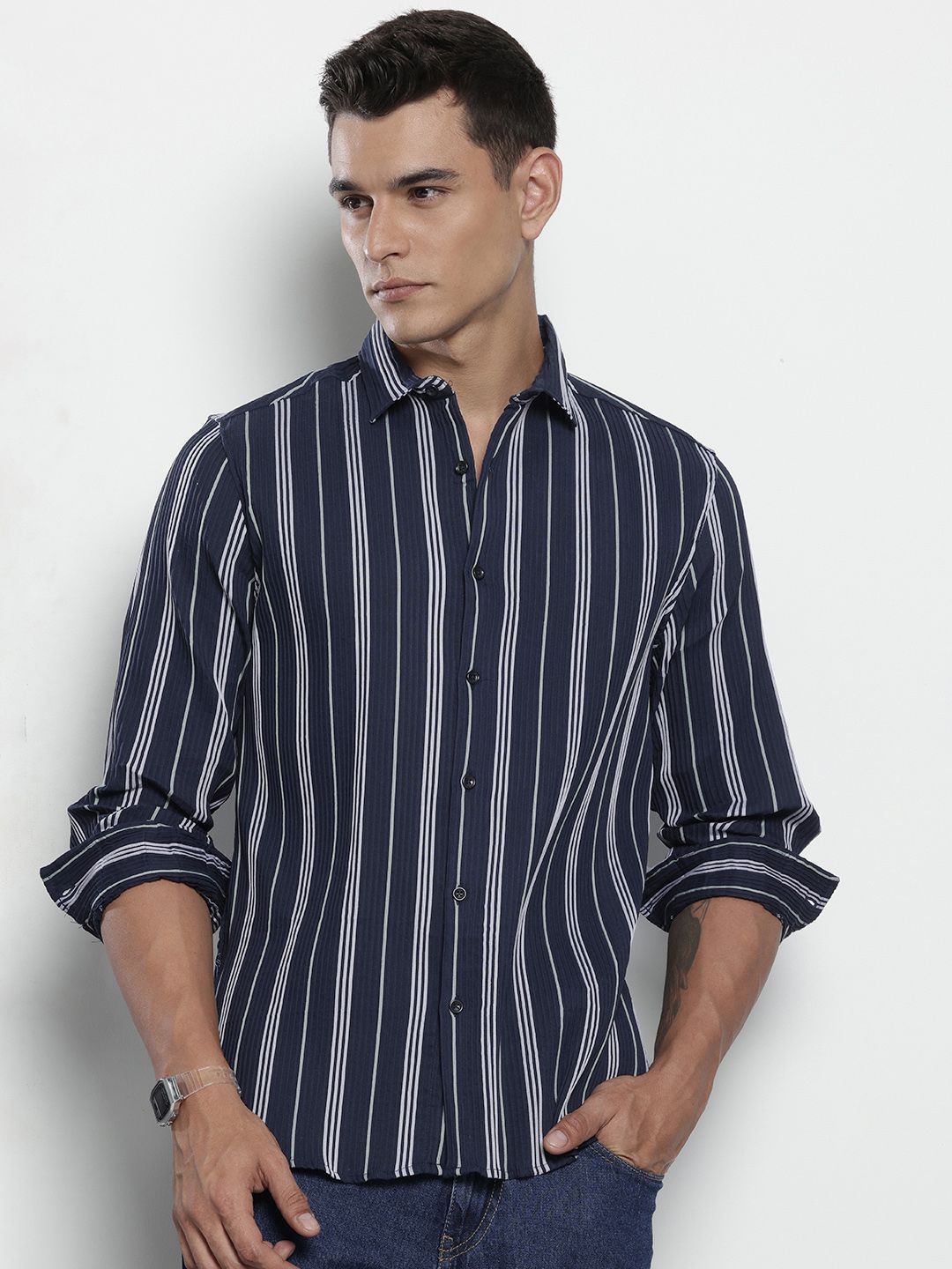 Men's Navy Blue Regular Fit Striped Textured Shirt