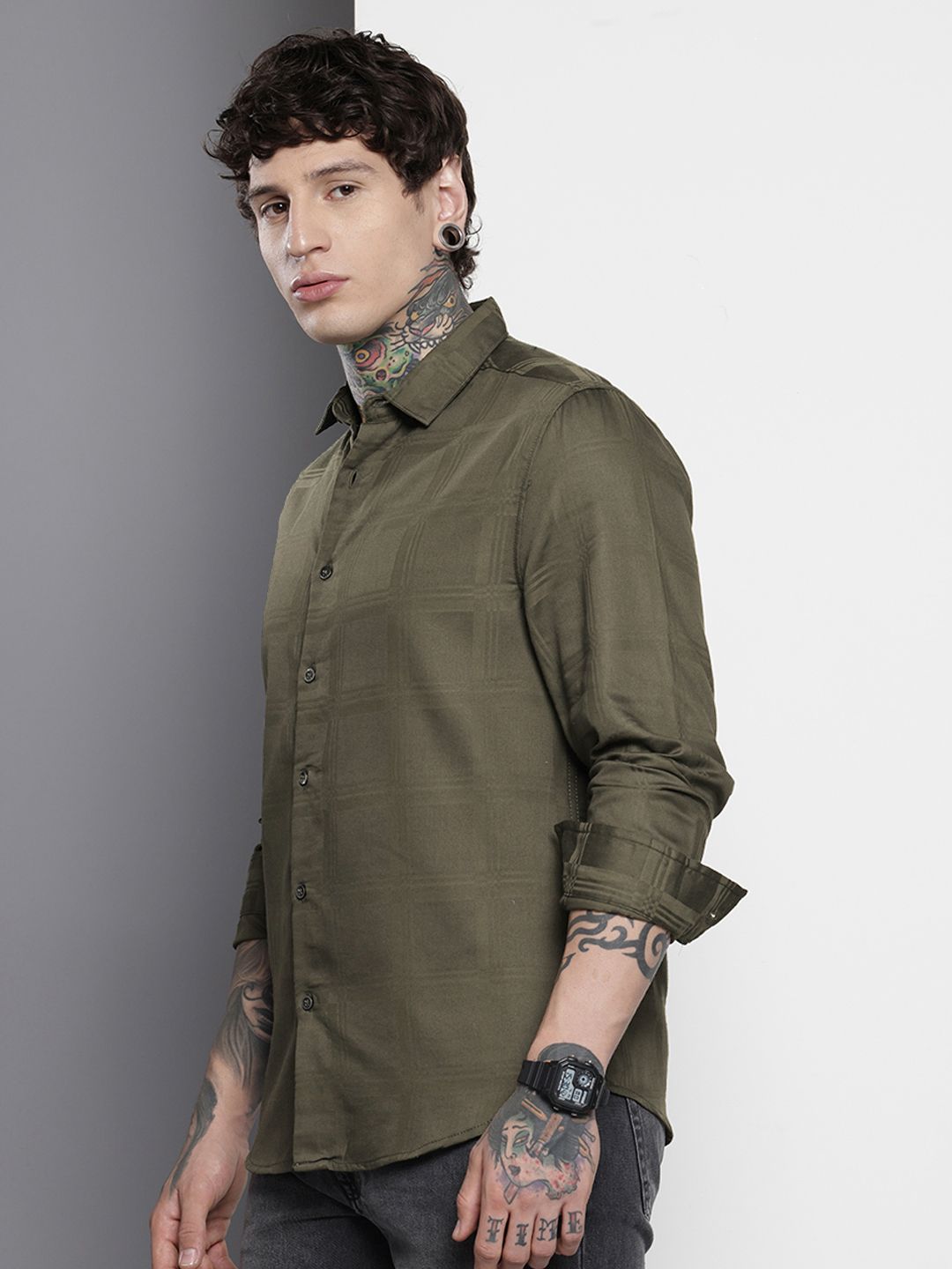 Men's Olive Slim Fit Textured Party Wear Shirt