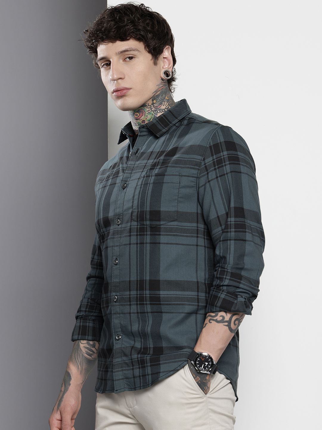 Men's Teal Slim Fit Checked Casual Shirt