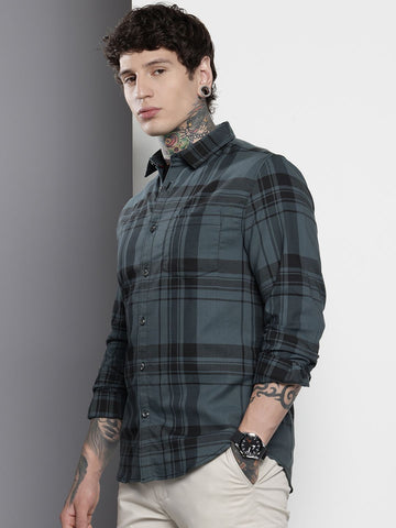 Men's Teal Slim Fit Checked Casual Shirt