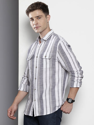 Men's Black Slim Fit Striped Casual Shirt