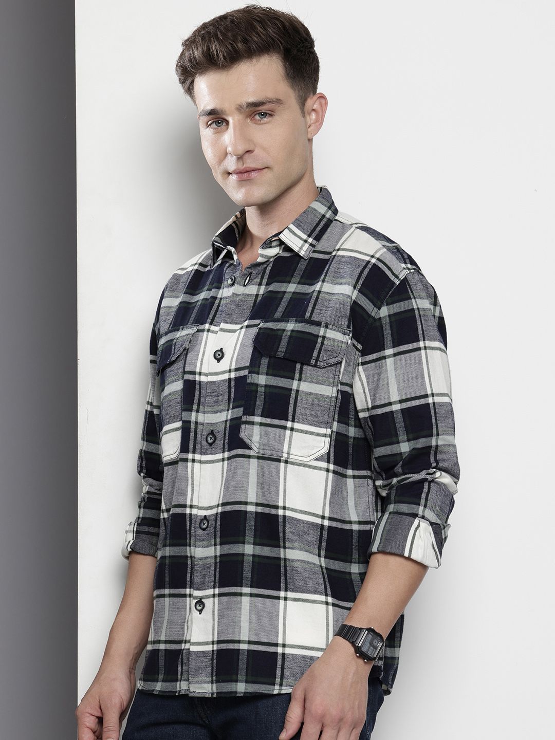 Men's Navy Blue Regular Fit Checked Casual Overshirt